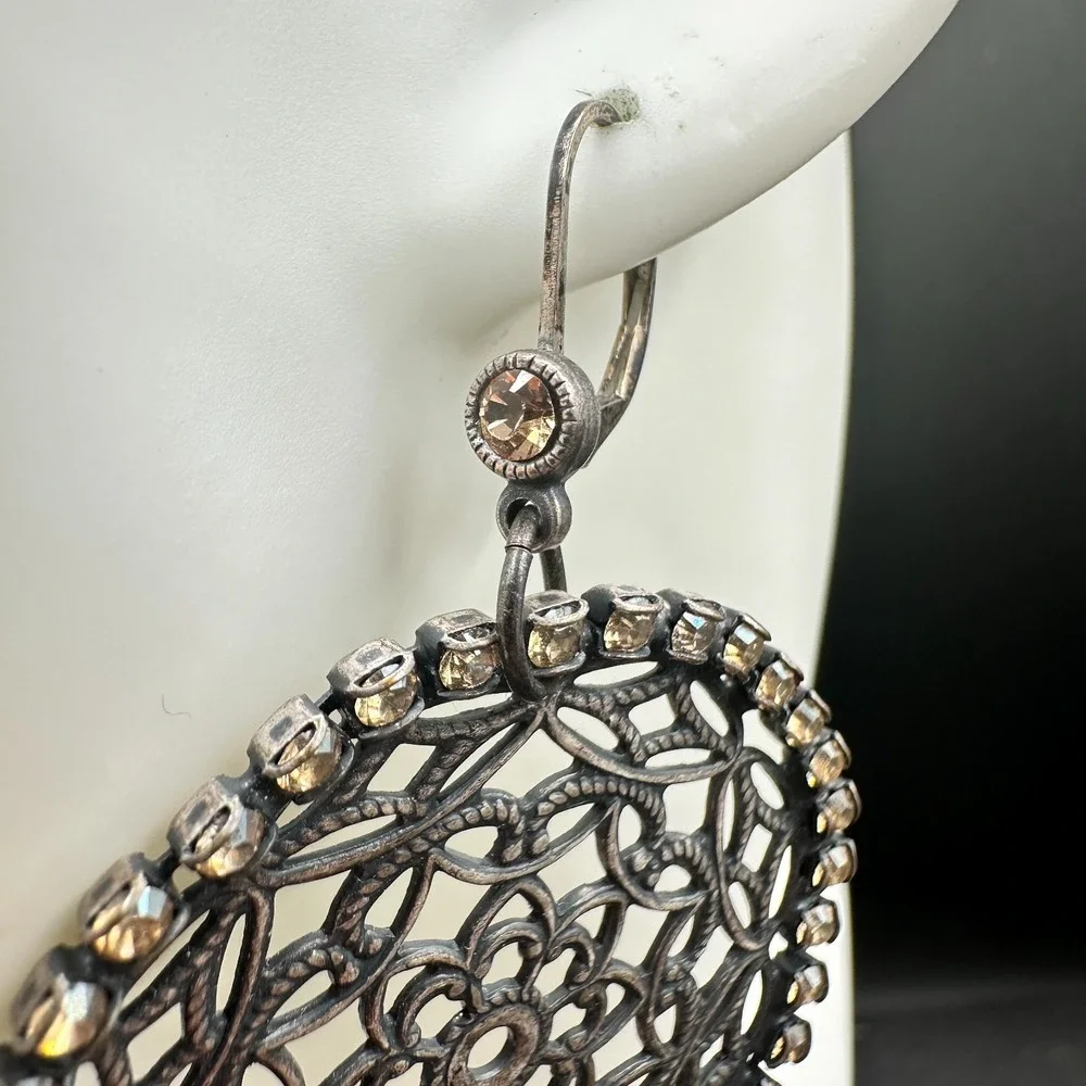 VTG‎ Oxidized Dangle Earrings Brown Rhinestone Filigree Flower Circle Statement